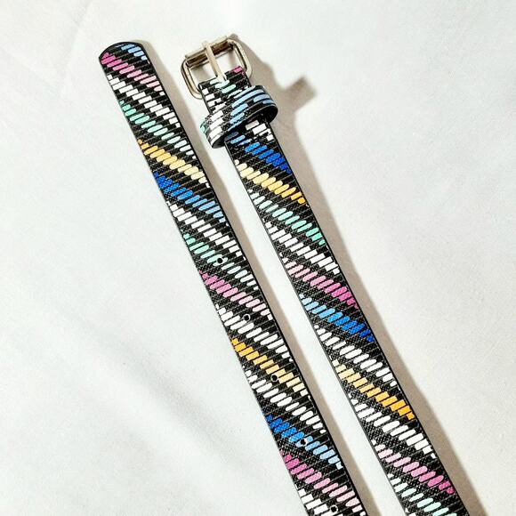 Womens Skinny Small Medium Waist Belt Mulitcolor Faux Leather Diagonal Stripes - Picture 6 of 11